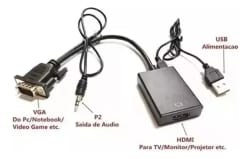 Cabo Conversor VGA X HDMI Femea c/ Cabo de Audio P2 e V8 X USB Shinka — foto 3
