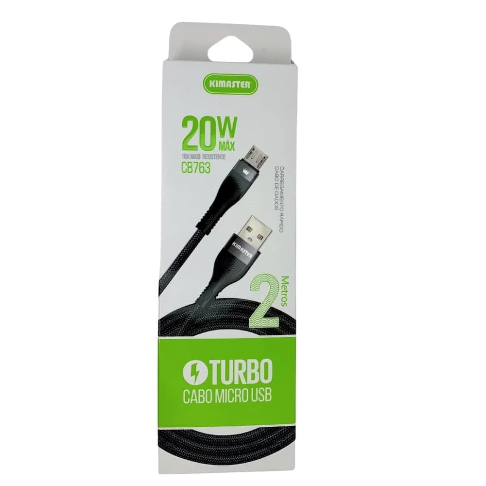 Cabo de Dados Micro USB Blindado Turbo 2M Preto CB763P/CB762V Kimaster