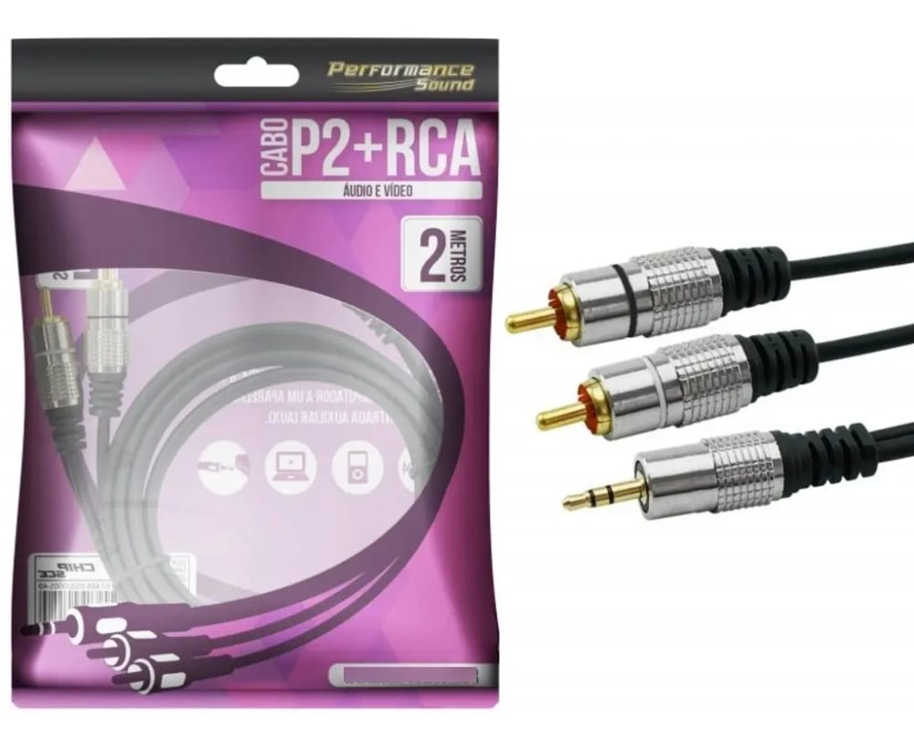 Cabo P2 / RCA Fitz 2M - P2 Estereo + 2 RCA Macho Plug Metal